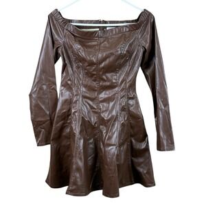 STORIA Fit and Flare Faux Leather Dress Boat Neck Brown SZ S Small EUC